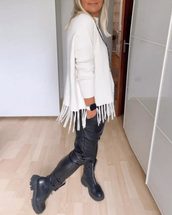 Ensfarget fritidsgenser med frynser