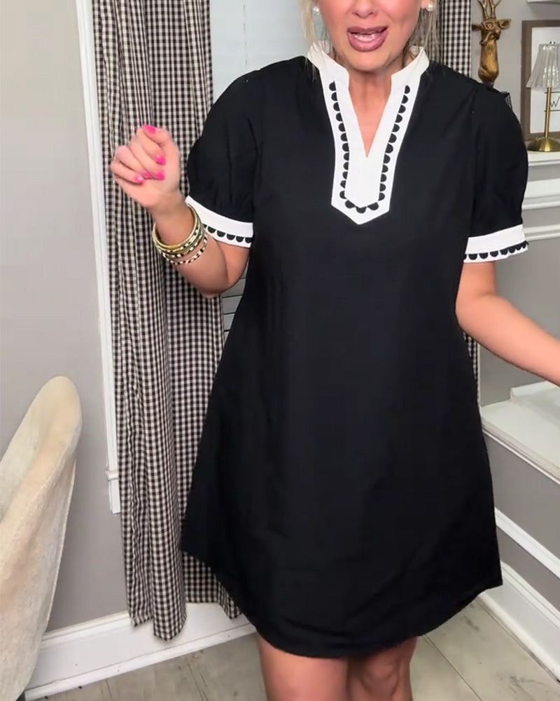 Kjole Boble Erme Fargeblokk V-Hals