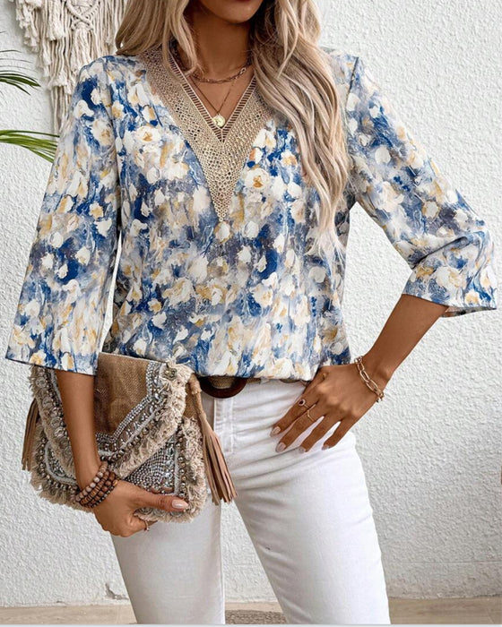 Bluse V-hals Trekvart Erme Blomstret Trykk