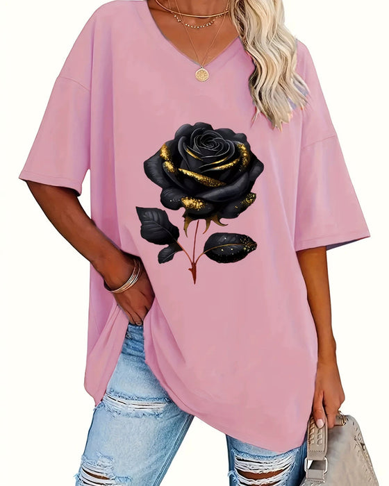 T-Skjorte Rosetrykk Loose Fit Halv Erme