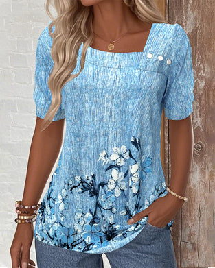 Bluse Skrå Krage Trykt Med Knapper