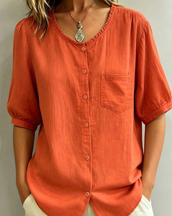 Bluse Ruffle Trim Knapp Lomme