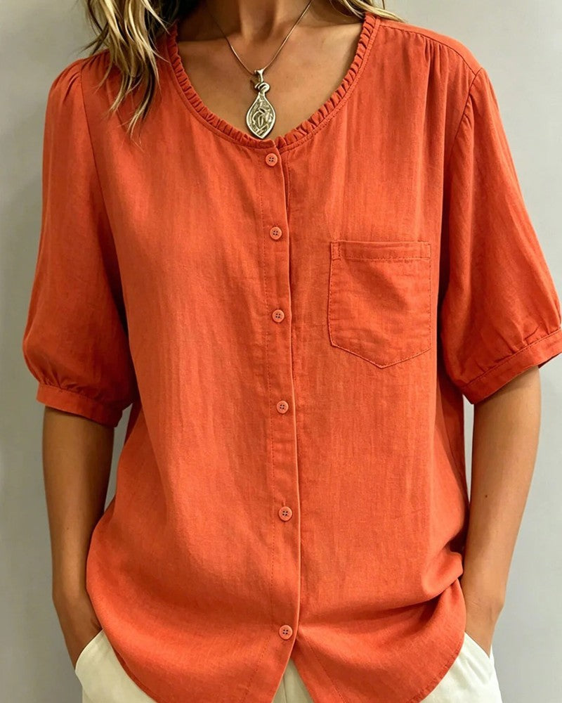 Bluse Ruffle Trim Knapp Lomme