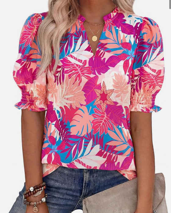 Bluse Blomstret Puff Kort Erme