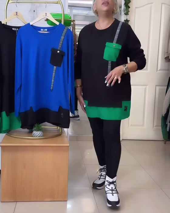 Sweatshirt uformell rundhalslomme kontrastfarge