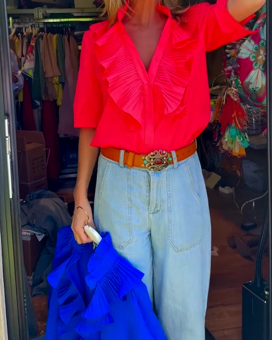 Bluse Casual Ruffle Komfort Kort