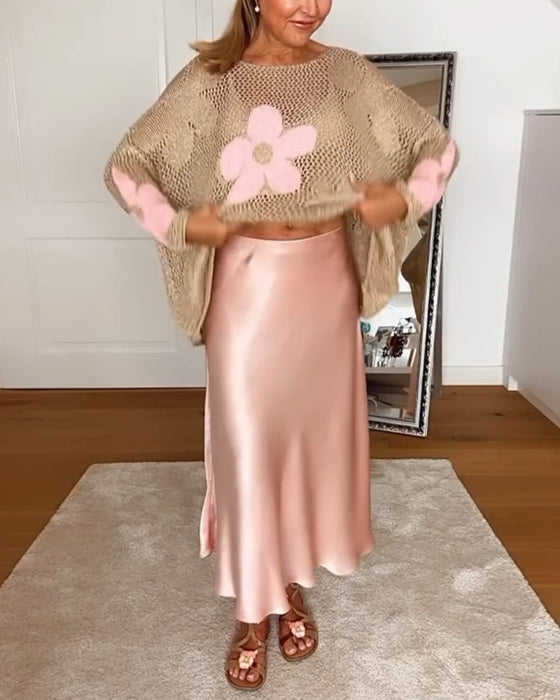 Uformell blomstret genser med lange ermer med rund hals og hul