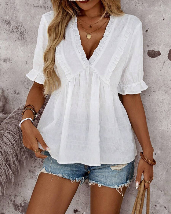 Bluse V-Utringning Rysje Ensfarget Babydoll