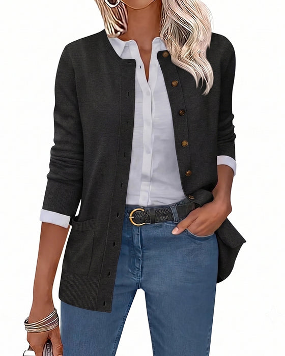 Cardigan Rundhalset Knapp Lang Erme Solid