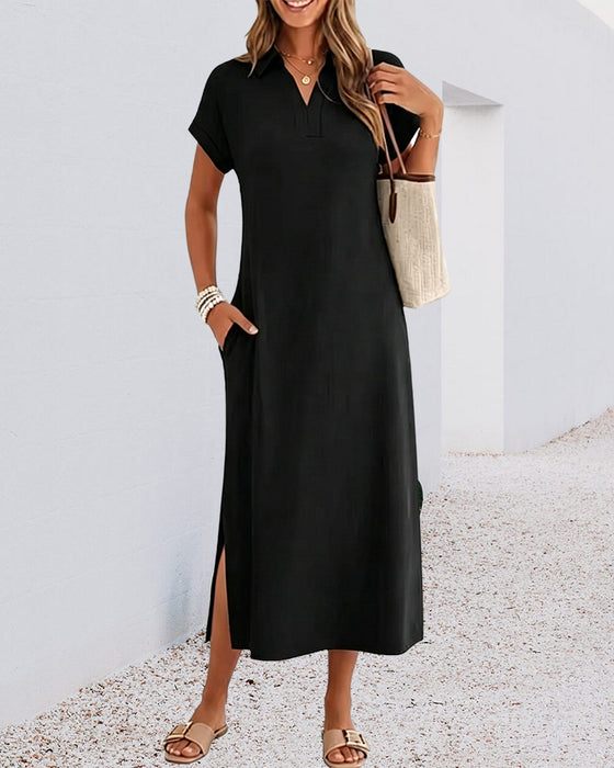 Kjole Polo Krage Spalte Drape Strikket