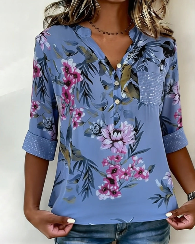 Bluse V-Hals Paljettblomstret