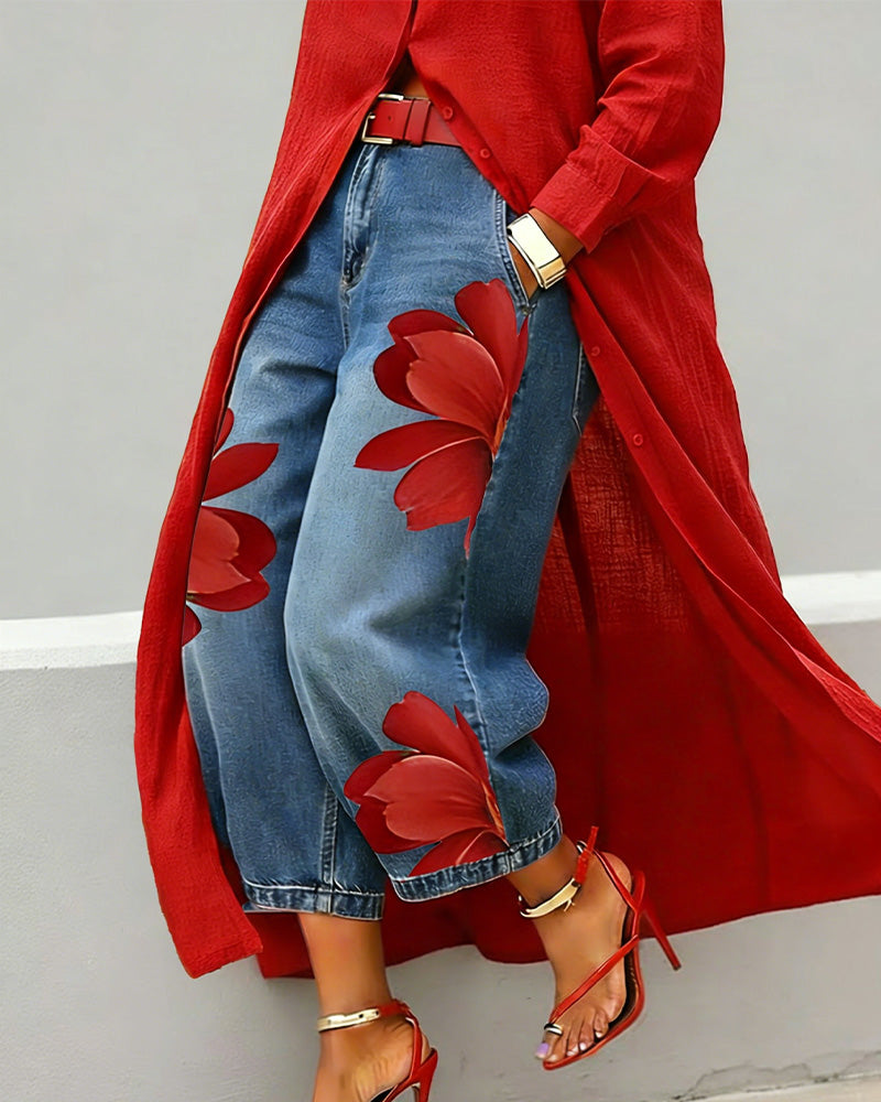 Blomstertrykte Jeans Korte Bredbeinte