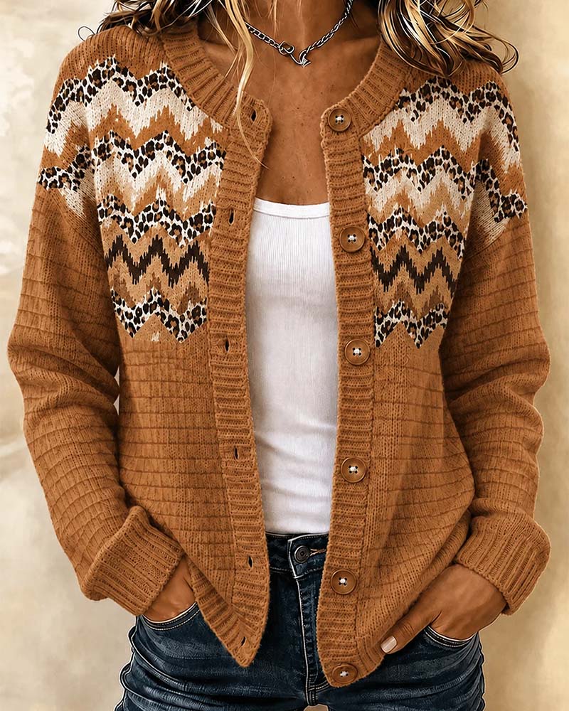 Cardigan Knappet Leopard Bølgete Stripe