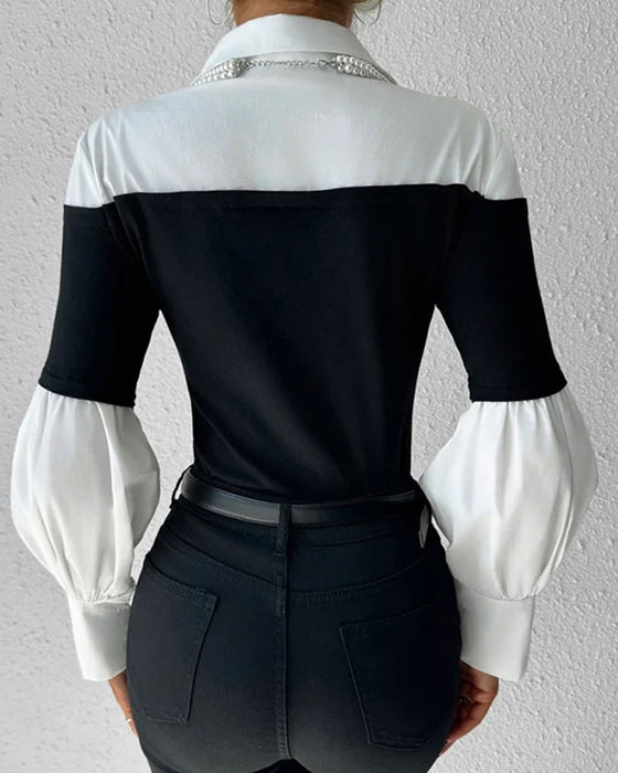 Topp Fargeblokk Off-Shoulder Lanterne Erme Patchwork