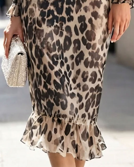Kjole Høy Hals Leopard Innsnørt Midje Ruffle