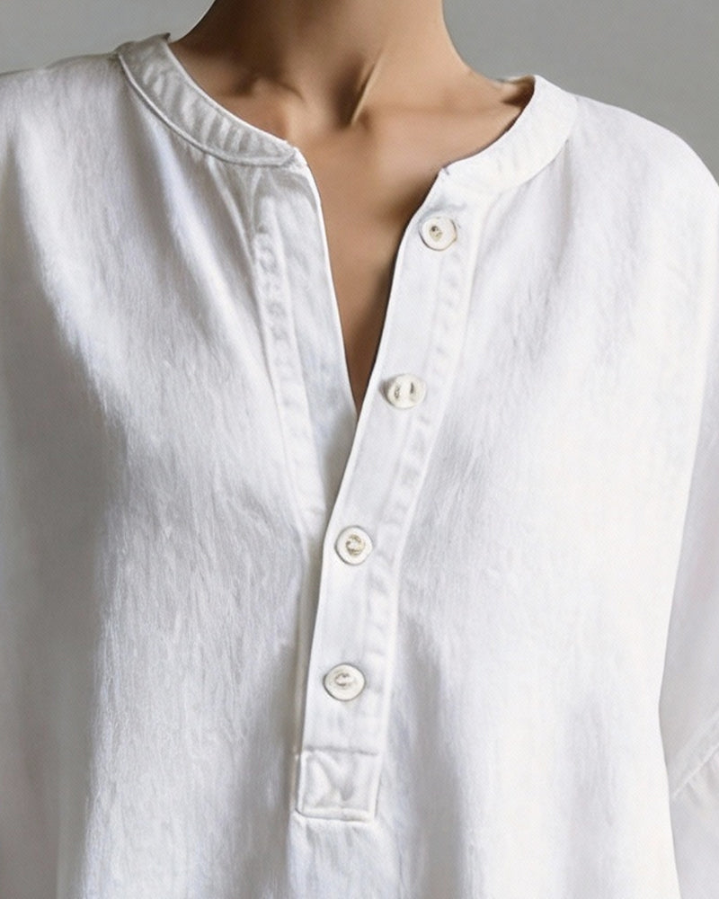 Bluse Åpen Knapp Lykt Erm Løs Bomull Lerrets