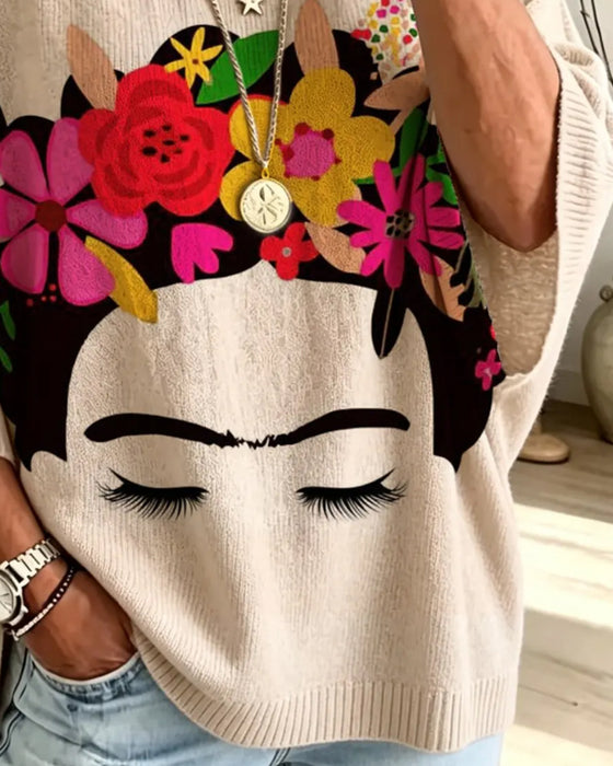 Loose Fit Ansikt Blomstret Trykk Pullover