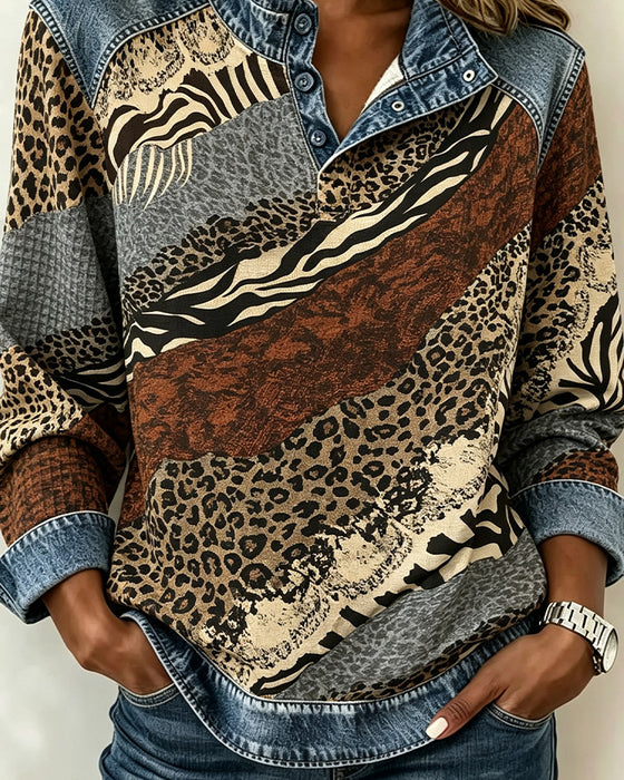 Bluse Patchwork Leopard Knapp