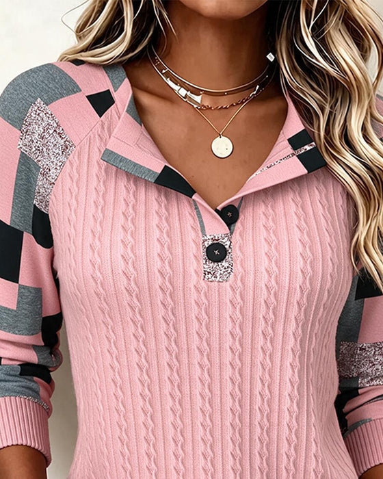 Sweatshirt Fargeblokk Henley Krage Langermet Knappet