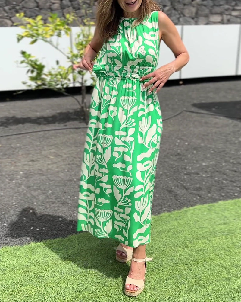 Kjole Ermløs Lang Midje Trykt