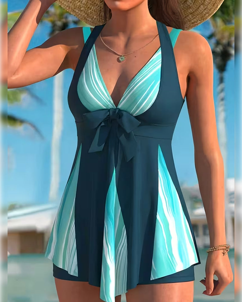 Tankini Halter Dyp V Sløyfe Skjørt
