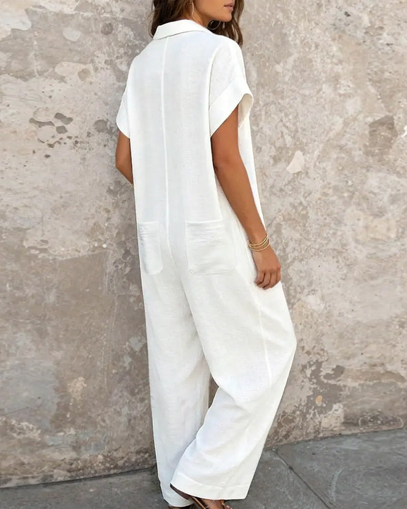 Uformell Ensfarget Jumpsuit Med Krage