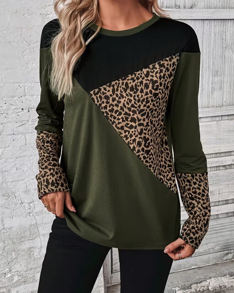 Topp Rund Hals Leopardprint Fargeblokkert