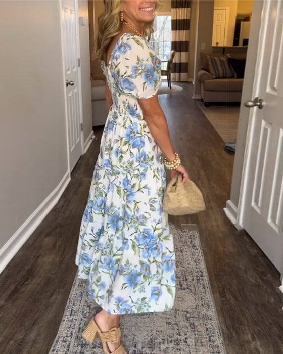 Kjole Firkantet Utringning Plissert Blomstret A-Linje