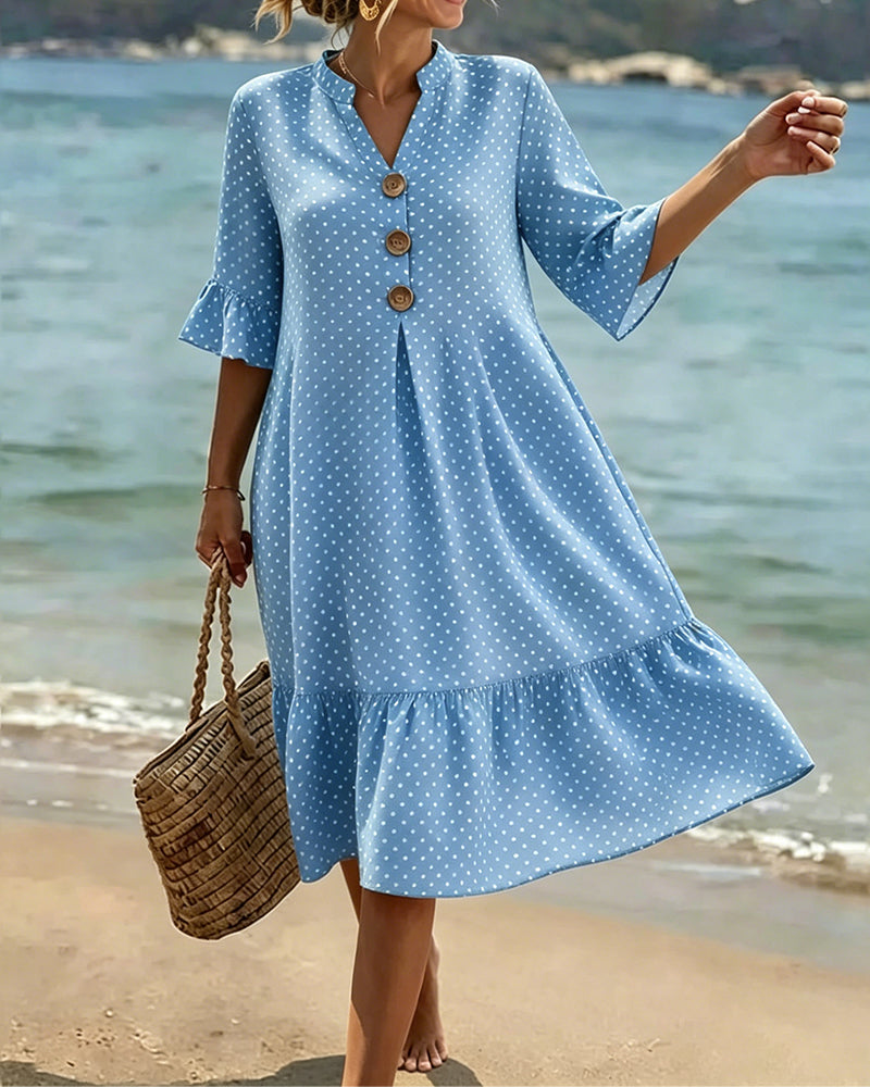 Kjole Polka Dot V-Hals Rynket Erme