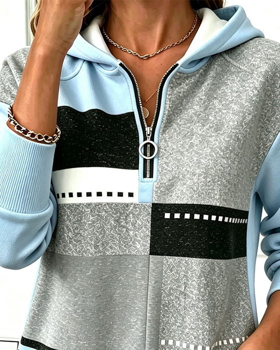 Hoodie Halv Glidelås Kontrast Geometrisk Trykk