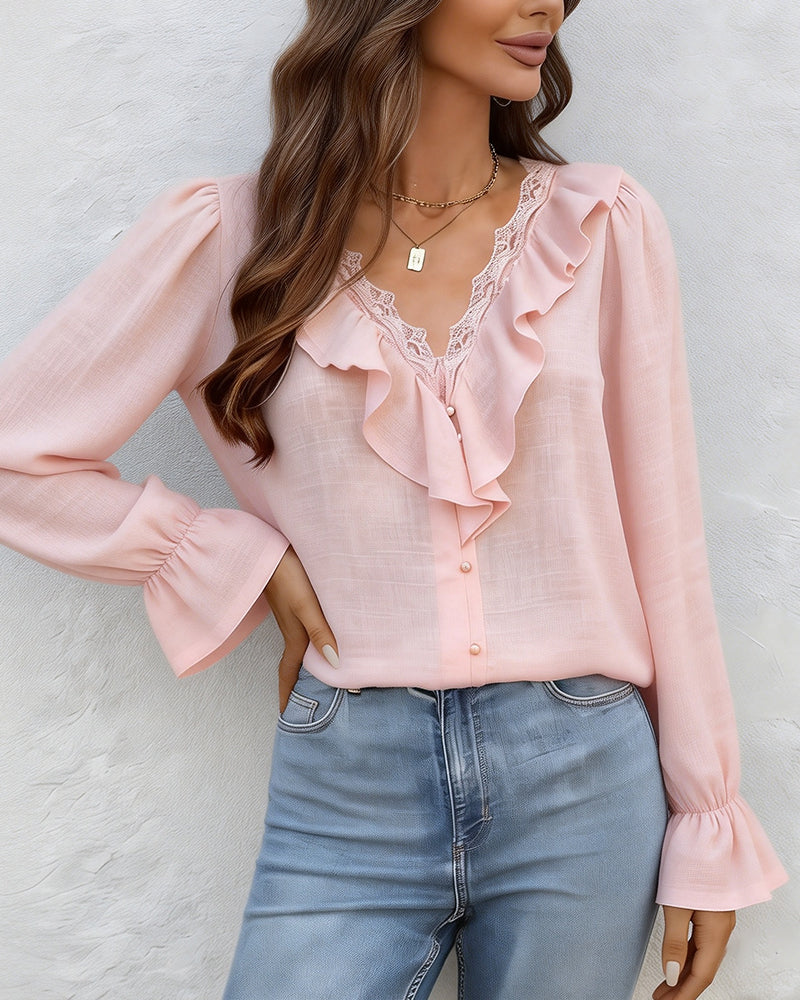 Bluse Kniplingspanel Rysjekant V-Hals