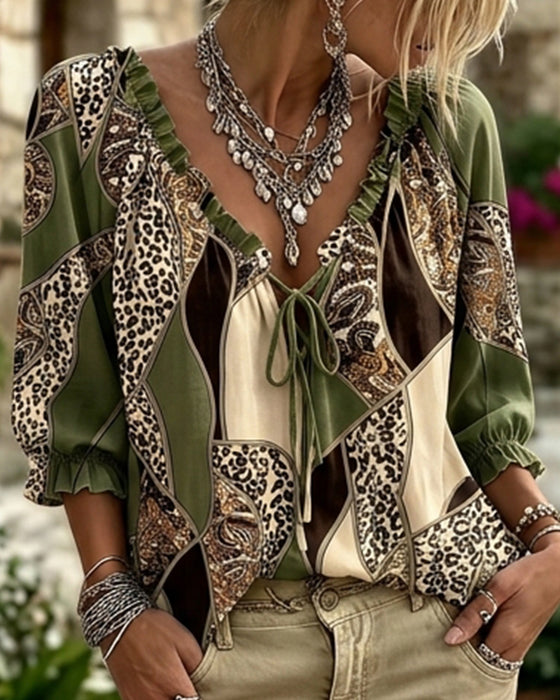 Bluse V-Hals Leopard Puffererme Knyte