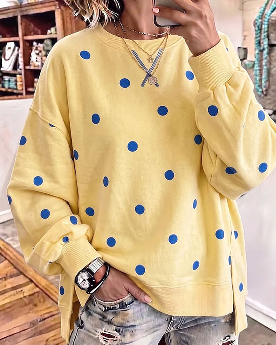 Sweatshirt Rund Hals Prikket Sliss Drop Skulder Asymmetrisk
