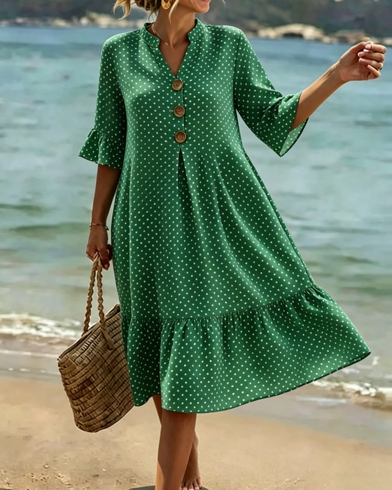 Kjole Polka Dot V-Hals Rynket Erme