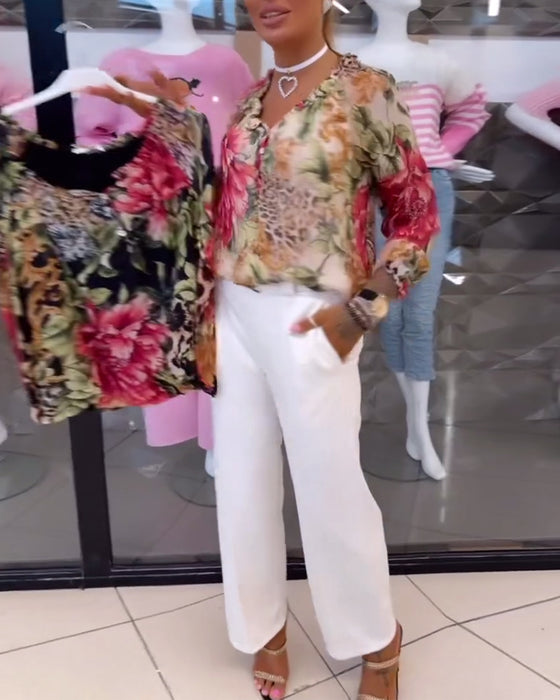 Bluse Med V-Hals Blomstertrykk