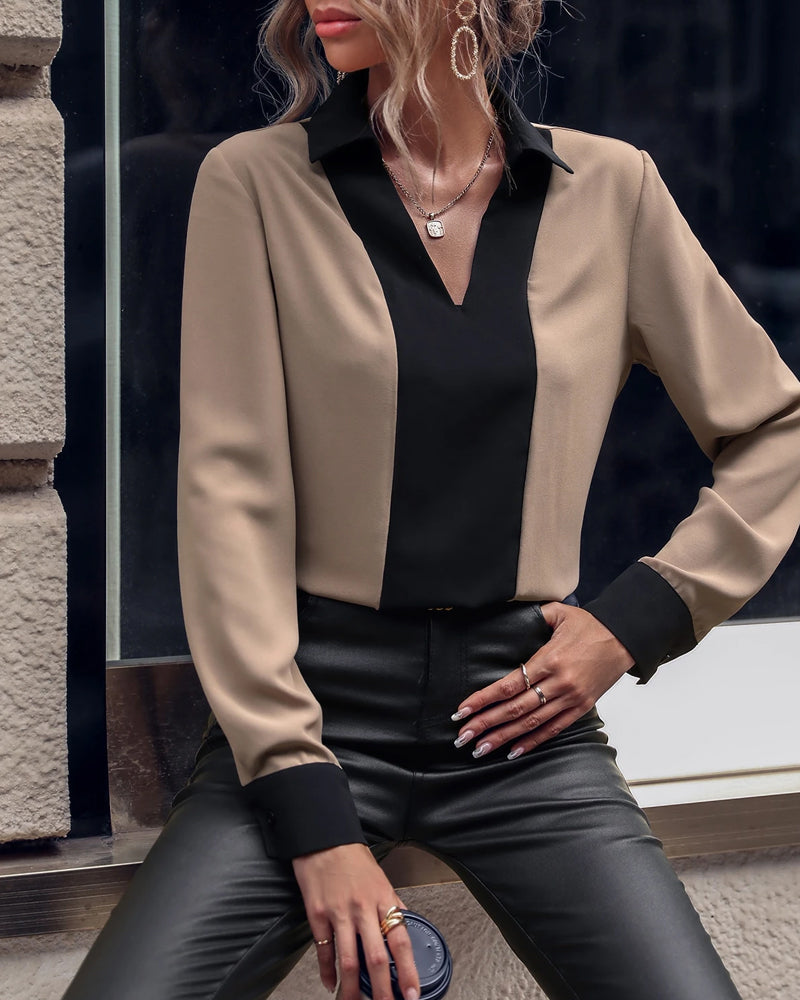 Blus Med Kraag Design, Fargeblokk Detalj Og Elegant Stemning