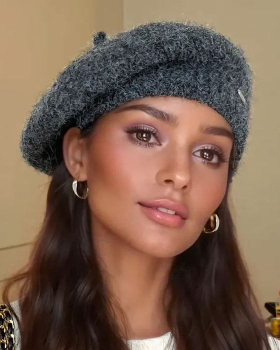 Dame Ensfarget Strikket Beret Lue