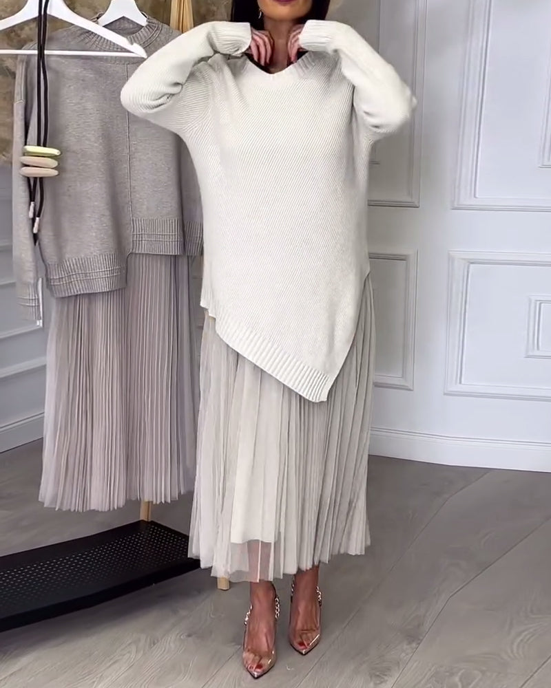 To-Delt Sett Med Genser Og Skjørt I Rund Hals Og Uregelmessig Design