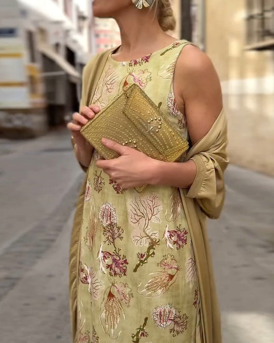 Sett Ermeløs Maxi Kjole + Matchende Cardigan