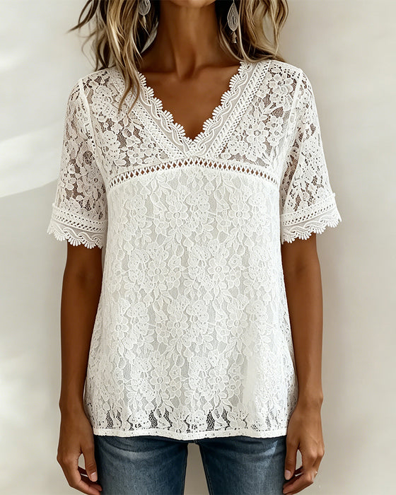 Ensfarget Bluse Kortermet Med Blonder