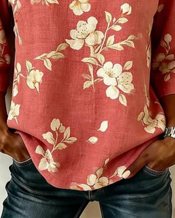 Bluse Blomstertrykk Sideknapp 3/4-Erm