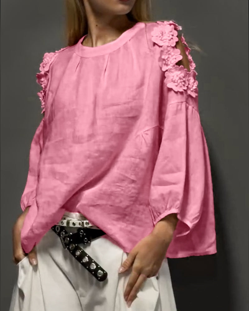 Bluser Rundhals Utskjæring Off-Shoulder 3D Blomstret