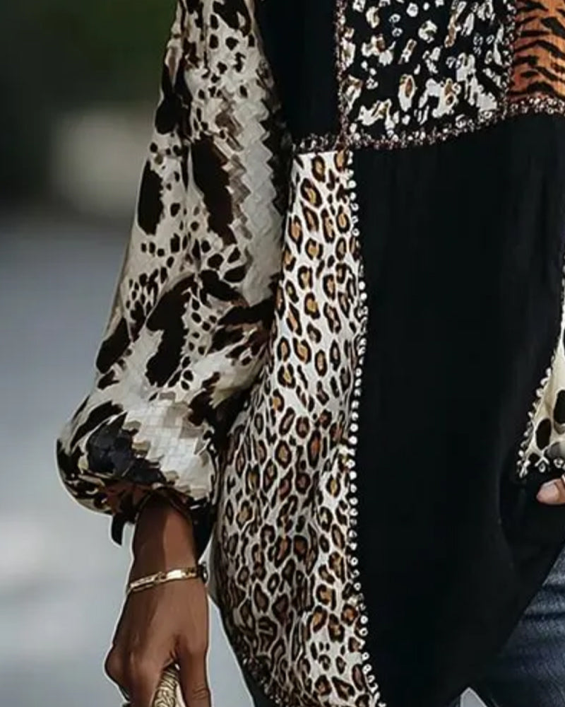 Bluse Rund Hals Leopard Tiger Trykk Kontrast