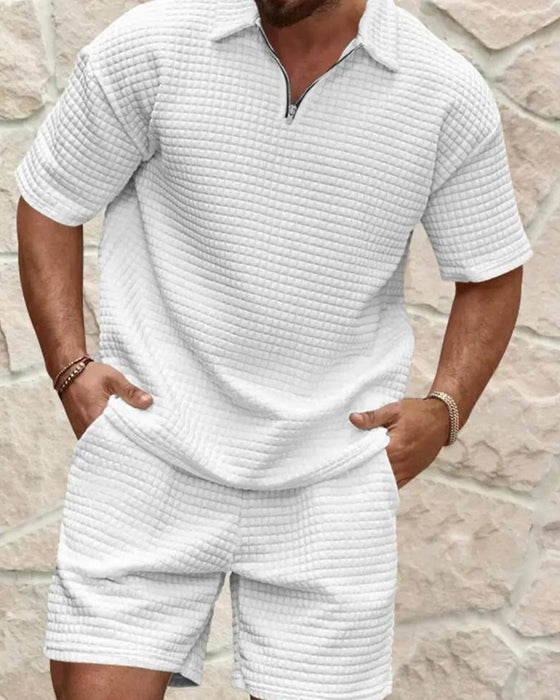 Set Polo Krage Glidelås Vaffel Tekstur Shorts