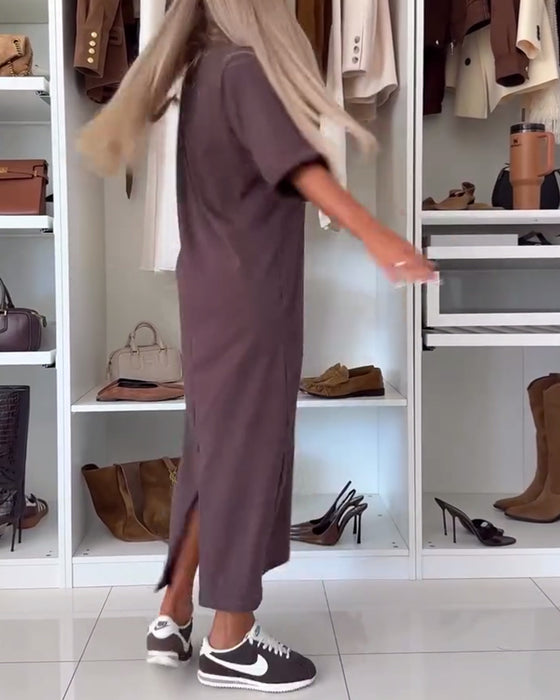 Kjole Ensfarget Rundhalset Splitt Tunika