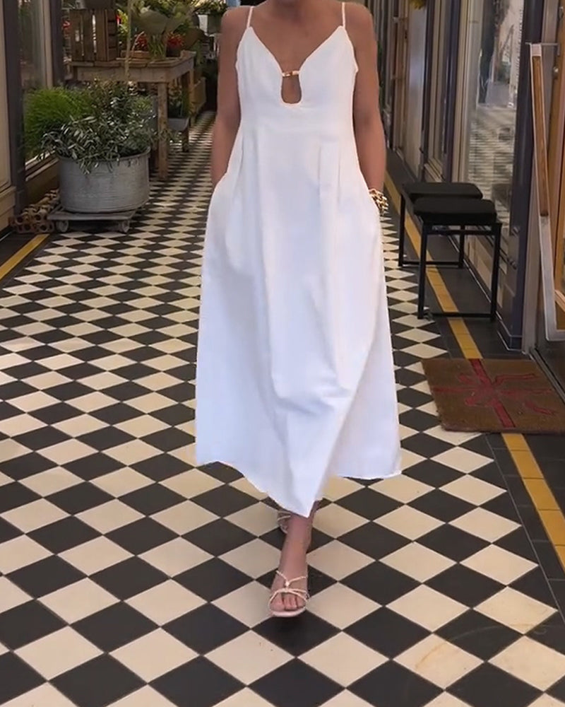 Kjole V-Utringning Spagettistropp Ensfarget