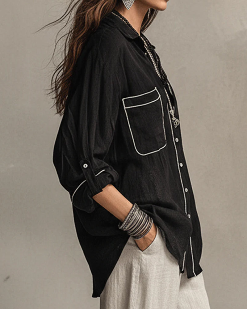 Skjorte V-Hals Kontrast Linje Avslappet