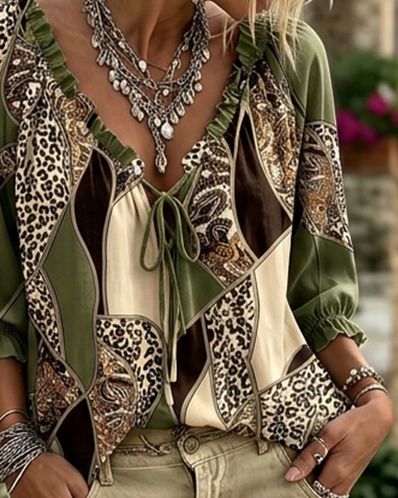 Bluse V-Hals Leopard Puffererme Knyte