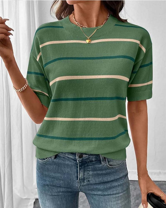 Pullover Stripe Kontrastfarge Kortsermet Strikket