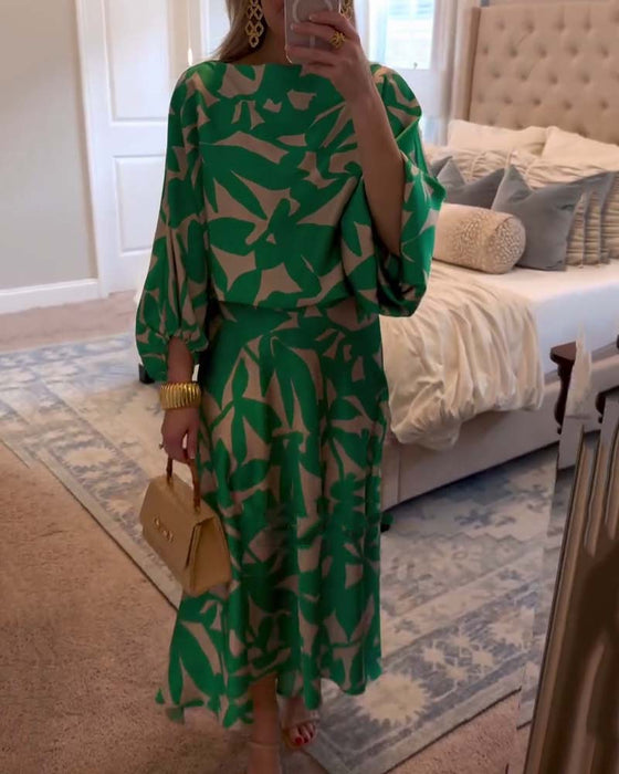 Sett Kjole Avslappet Trykt Lykt Ermer Temperament